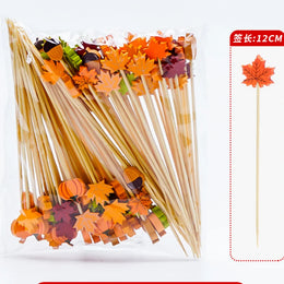 50pcs/set Maple Leaf Pumpkin Fruit Sticks Thanksgiving Day Farm Party Maple Leaves Wood Bamboo Sticks Harvest Festival Decors