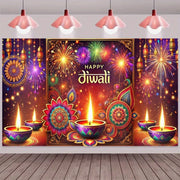 1pc 2D Flat Festive Diwali Party Banner - Vibrant Fireworks and Diya Design, No Power Required——sym