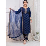 મહિલાઓ માટે ભારતીય એથનિક પ્રિન્ટ 3-પીસ કુર્તા સેટ મધ્યમ લંબાઈનો કોટન સુટ પલાઝો દુપટ્ટા સાથે