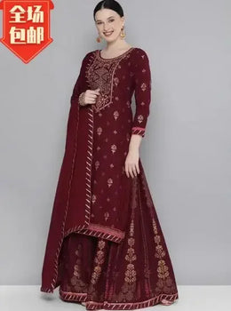 New Indian Women's Maroon Ethnic Kuta Three Piece Set