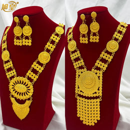 Bridal Indian Necklace Sets 24K Gold Plated Long Pendant For Women Nigeria African Dubai Wedding Earring Jewelry Set Party Gift