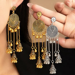 Boho Ethnic Style Retro Metal Carved Bells Beads Tassel Dangle  Earrings For Women Accessories Indian Jhumka Jewelry