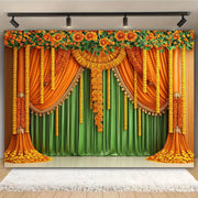 બહુમુખી ભારતીય પૂજા થીમ આધારિત પાર્ટી બેકડ્રોપ્સ - કેલેંડુલા માળા ડિઝાઇન, જન્મદિવસ, વર્ષગાંઠો અને વધુ માટે પોલિએસ્ટર