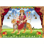 2D flat, 1 piece Indian God background - traditional Hindu Goddess Devali goddess Durga with tiger