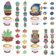 10 DIY diamond painting sets: Cactus/fish/Maple leaf/Indian/Pattern, non-slip wooden coasters, living room, kitchen