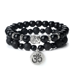 2pcs/Set Natural Stone Bracelet For Women Men Vintage Ethnic Buddha Head Braclets Yoga Om Aum Bracelet Charm Couple Jewelry Gift