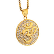 Hip Hop Iced Out Indian Buddhist Yoga Pendant Gold Color Stainless Steel Zircon OHM Hindu AUM OM Round Necklaces for Men Jewelry