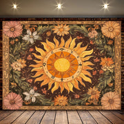 1pc Sun and Moon Tapestry, Yellow Floral Pattern, Polyester Fabric Wall Hanging for Door, Wall, Patio