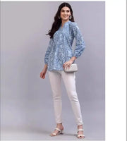 Indian Traditional Women's Clothing Ethnic Style Printed V-Neck Pure Cotton Top