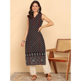 ભારતીય વંશીય શૈલીની મહિલાઓનો કાળો લીલો કોટન કુર્તા ટ્યુનિક ટોપ સ્લીવલેસ પેસલી પ્રિન્ટ સમર વેર કેઝ્યુઅલ કુર્તી ડ્રેસ