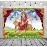 2D flat, 1 piece Indian God background - traditional Hindu Goddess Devali goddess Durga with tiger