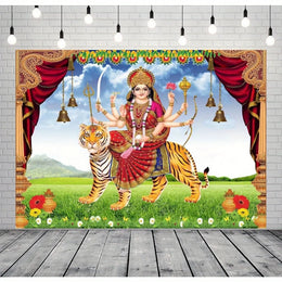 2D flat, 1 piece Indian God background - traditional Hindu Goddess Devali goddess Durga with tiger