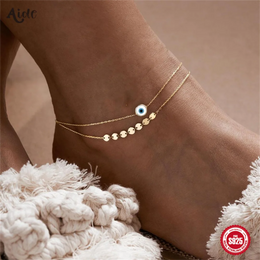 Aide 925 Sterling Silver Enamel Eye With Sequin Double Chain Anklets For Women K Gold Pendant Bohemian Jewelry Beach Party Gift
