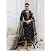 મહિલાઓ માટે ભારતીય એથનિક પ્રિન્ટ 3-પીસ કુર્તા સેટ મધ્યમ લંબાઈનો કોટન સુટ પલાઝો દુપટ્ટા સાથે