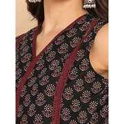 ભારતીય વંશીય શૈલીની મહિલાઓનો કાળો લીલો કોટન કુર્તા ટ્યુનિક ટોપ સ્લીવલેસ પેસલી પ્રિન્ટ સમર વેર કેઝ્યુઅલ કુર્તી ડ્રેસ