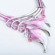 ICEYY Unique Design Party Gifts Pink Textured Metal Leaf Statement Necklace Earrings  India jewelry Set for women free shipping