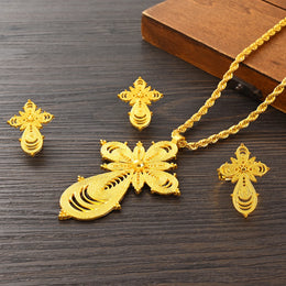 Saudi Arabia Classical Ethiopian Gold Plated Bridal Jewelry Sets Necklace Earrings Ring Gifts Wedding Jewellery Set For Women