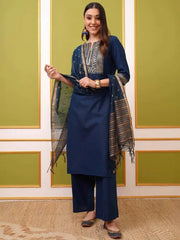 ભારતીય મહિલાઓના કપડાં નેપાળ અનોખા નવા વાદળી ભારતીય-પાકિસ્તાની શૈલીના રાઉન્ડ નેક કોટન બ્લેન્ડ ભરતકામવાળા વસંત ઉનાળાના સેટ