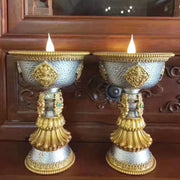 Resin Electric Thailand Butter Candle Lamp and Candlestick,Rechargeable Yellow LED, Buddhist Altar Lamp, Tibetan BaJiXiang Light