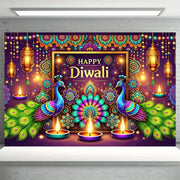 1 Vibrant Diwali Backdrop Cloth - Colorful Peacock and Diya Design, No Power Required