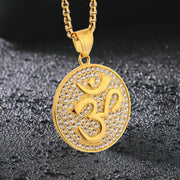 Hip Hop Iced Out Indian Buddhist Yoga Pendant Gold Color Stainless Steel Zircon OHM Hindu AUM OM Round Necklaces for Men Jewelry