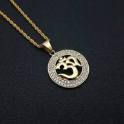 Hip Hop Iced Out Bling Yoga Pendant Gold Color Stainless Steel OHM Hindu Buddhist AUM OM Round Necklaces for Men Jewelry Gift