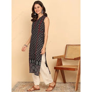 ભારતીય વંશીય શૈલીની મહિલાઓનો કાળો લીલો કોટન કુર્તા ટ્યુનિક ટોપ સ્લીવલેસ પેસલી પ્રિન્ટ સમર વેર કેઝ્યુઅલ કુર્તી ડ્રેસ