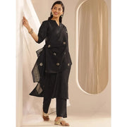 મહિલાઓનો કાળો જેક્વાર્ડ કુર્તા પંત દુપટ્ટો 3-પીસીએસ સેટ ઉત્સવના ઔપચારિક વસ્ત્રો માટે ભવ્ય ભારતીય વંશીય સુટ પાકિસ્તાની ડ્રેસ