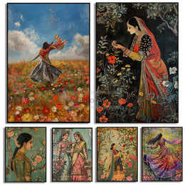 ભારતીય છોકરીના પોસ્ટર મુઘલ પ્રેરિત પરંપરાગત ભારતીય પાકિસ્તાની આર્ટ પ્રિન્ટ કેનવાસ પેઇન્ટિંગ વોલ આર્ટ પિક્ચર્સ હોમ રૂમ ડેકોર