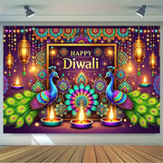 1 Vibrant Diwali Backdrop Cloth - Colorful Peacock and Diya Design, No Power Required