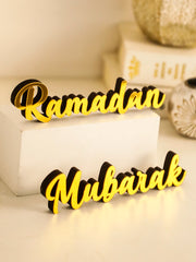 Ramadan Mubarak Golden Tabletop Ornaments Wooden Stand Calligraphy Sign Islamic Festive Desktop Decor for Ramadan&Eid Home Gifts