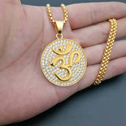 Hip Hop Iced Out Indian Buddhist Yoga Pendant Gold Color Stainless Steel Zircon OHM Hindu AUM OM Round Necklaces for Men Jewelry