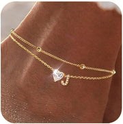 Ankle Bracelets for Women Waterproof 14K Gold Plated CZ Initial Dainty Layered Heart Anklets Foot Chain Summer Beach Jewelry
