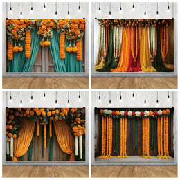 ભારતીય શૈલી ફોટોગ્રાફી પૃષ્ઠભૂમિ મેરીગોલ્ડ ફૂલ પડદો પૂજા ગણપતિ પૂજા પરંપરાગત જન્મદિવસ લગ્ન પાર્ટી સજાવટ પૃષ્ઠભૂમિ