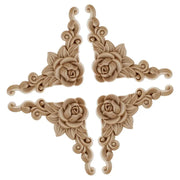 4pcs Natural Floral Wooden Figurines Crafts Wood Carved Corner Appliques Frame Wall Door Furniture Woodcarving Decorative
