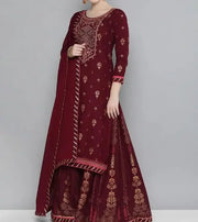 નવી ભારતીય મહિલા મરૂન એથનિક કુટા થ્રી પીસ સેટ