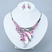 ICEYY Unique Design Party Gifts Pink Textured Metal Leaf Statement Necklace Earrings  India jewelry Set for women free shipping