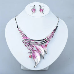 ICEYY Unique Design Party Gifts Pink Textured Metal Leaf Statement Necklace Earrings  India jewelry Set for women free shipping