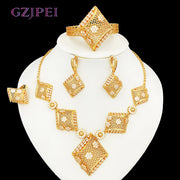GZJPEI Dubai Gold Color Jewelry Sets African Indian Wedding Gifts Square Pendant Necklace Bracelet Earring Ring 4Pcs/Set 2025