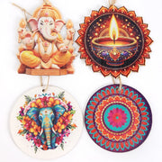 Diwali Themed Decor - Wooden Chip Hangers (Elephant & Candle) - Indian Festival of Lights Party Ornaments