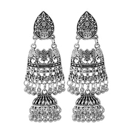 Ethnic Style Vintage Antique Silver Color Alloy Carving Indian Totem Beads Bells Tassel Earrings Women's Party Accessories