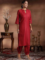 ભારતીય મહિલાઓના કપડાં નવા એથનિક સ્ટાઇલ રેડ સ્પ્રિંગ સમર વી-નેક કોટન બ્લેન્ડ થ્રી-ક્વાર્ટર સ્લીવ જેક્વાર્ડ થ્રી-પીસ સેટ