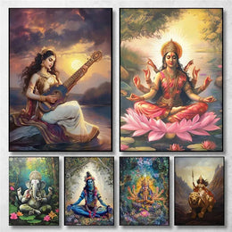 Indian Hindu Gods Lord Shiva Yoga Divine Goddess Saraswati Meditation Rt Poster Canvas Painting Wall Prints Picture Home Decor