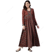 વસંત ઉનાળામાં મહિલાઓ માટે એથનિક પ્રિન્ટ વી-નેક લાંબી સ્લીવ અનારકલી કુર્તા ડ્રેસ પરંપરાગત ભારતીય ટ્યુનિક મેક્સી ડ્રેસ