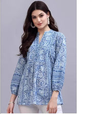 Indian Traditional Women's Clothing Ethnic Style Printed V-Neck Pure Cotton Top