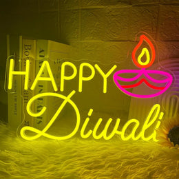 Happy Diwali Neon Sign USB Dimmable LED Neon Light for Indian Diwali Backdrop Wall Home Bedroom Party Decor Gift