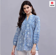 Indian Women's Spring and Summer Printed Stand Collar Pure Cotton Top Clothing