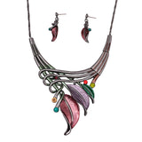 ICEYY Unique Design Party Gifts Pink Textured Metal Leaf Statement Necklace Earrings  India jewelry Set for women free shipping