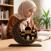 Ramadan Kareem Eid Mubarak Table Decorations - Wooden Tabletop, Black Gold Islamic Ramadan Decoration for Home Party