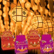 12pcs Happy Diwali Party Favors - Pre-Made Indian Festival Boxes with Diya Designs, Deep Red, Orange, Purple, Blue, Golden